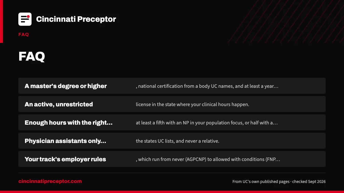 Will UC accept a preceptor you find: A master's degree or higher, national certification from a b; An active, unrestricted license in the state where your clin; Enough hours with the right clinician: at least a fifth with; Physician assistants only in the states UC lists, and never.