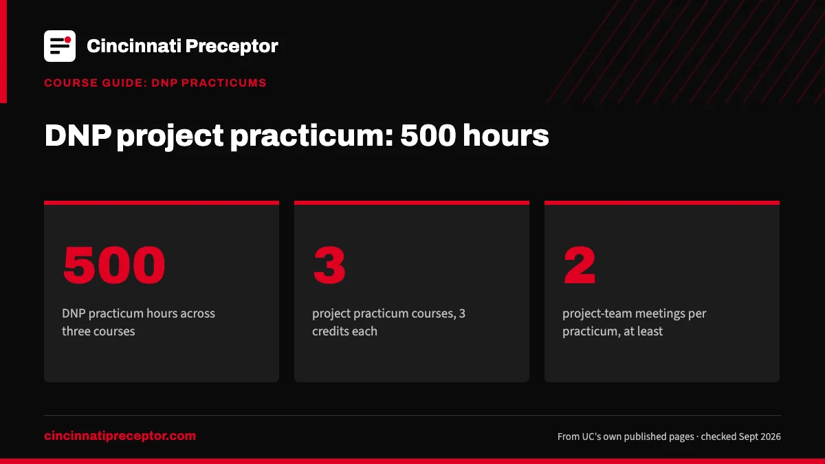 DNP project practicum: 500 hours. 500: DNP practicum hours across three courses; 3: project practicum courses, 3 credits each; 2: project-team meetings per practicum, at least.